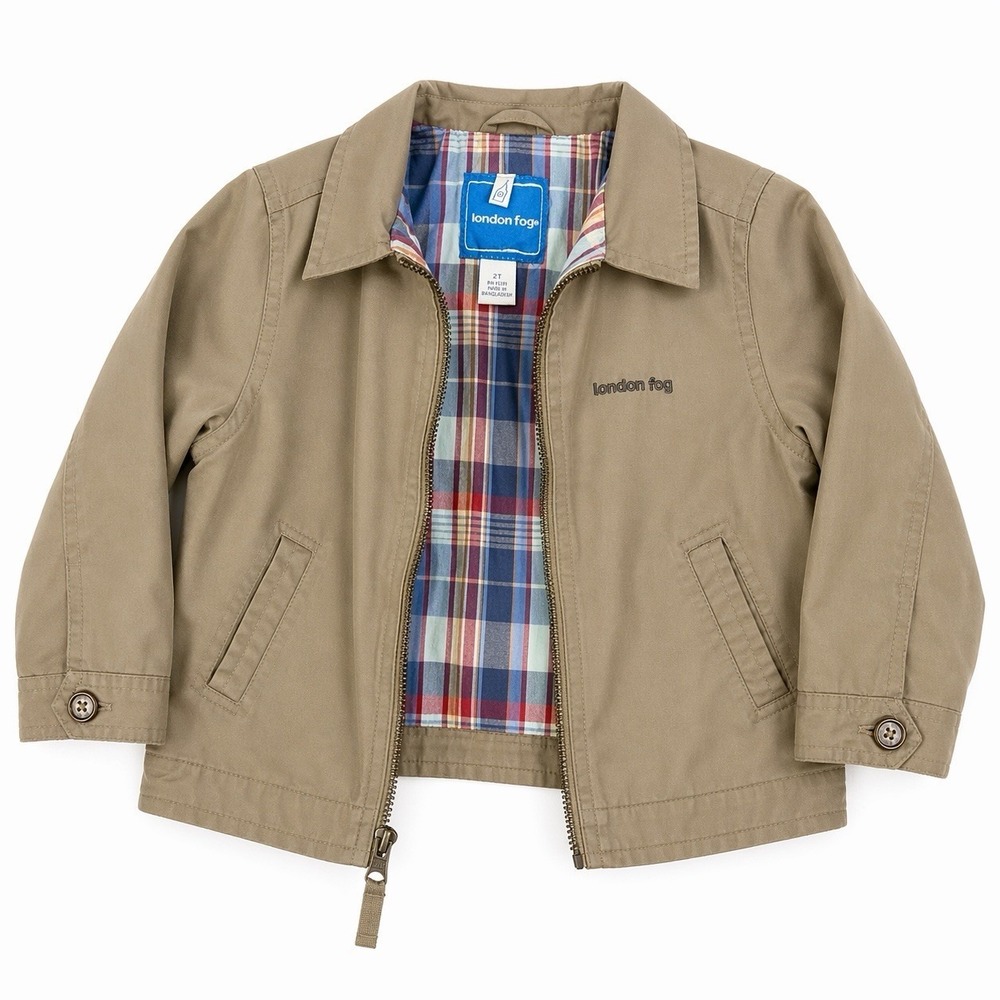 London Fog Toddler Boys Khaki Jacket Plaid Lined Zip Front Lightweight Size 2T